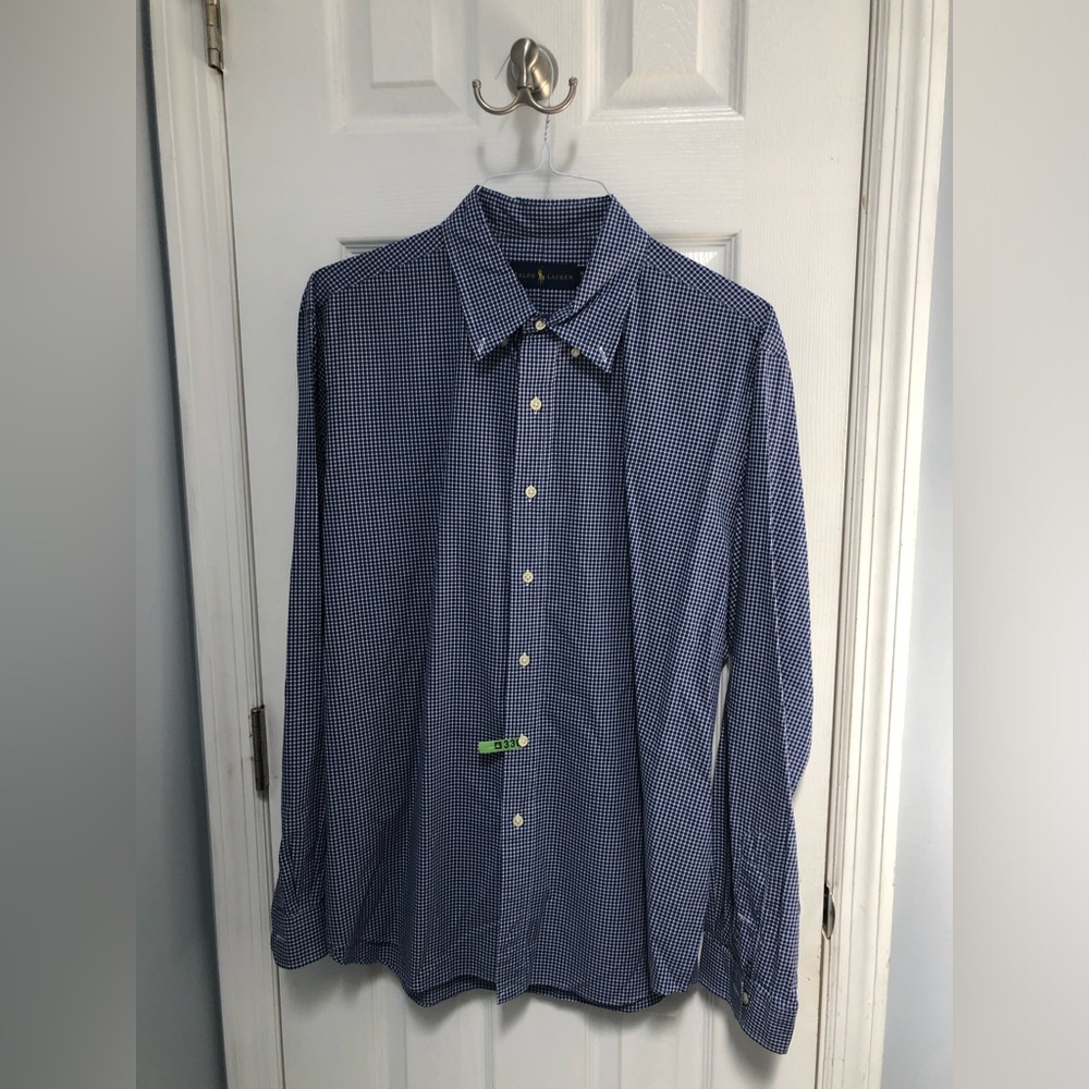 Polo Ralph Lauren Button Shirt Blue White Gingham Plaid Mens Red Pony XL Cotton